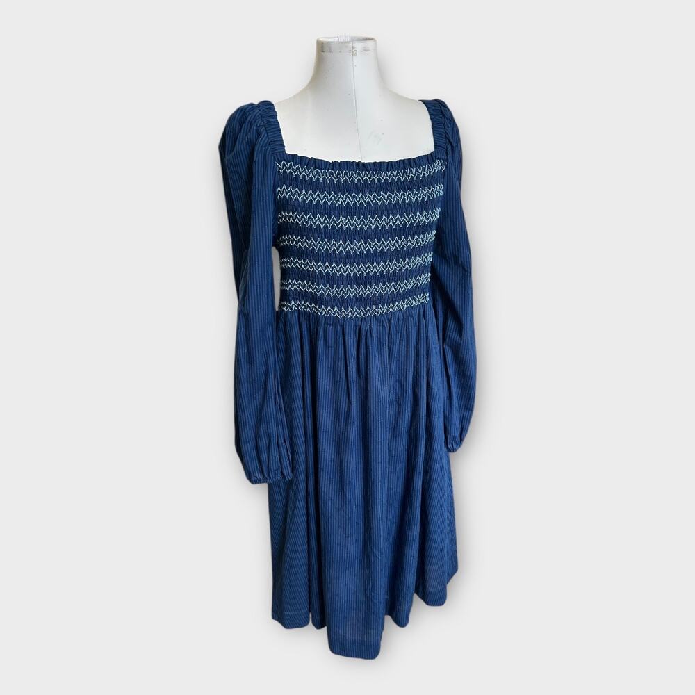 Draper James RSVP Women's Blue Square Neck Smocked Dress Boho Cottagecore XL